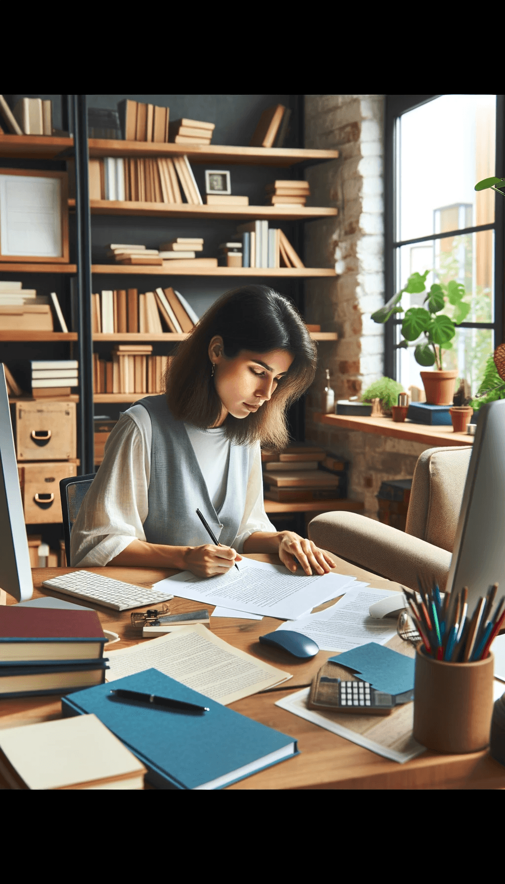 DALL·E 2023-11-10 06.21.41 - A vertical image of a professional female translator of Hispanic descent at her desk, intensely focused on revising a paper document. Her desk contain.png